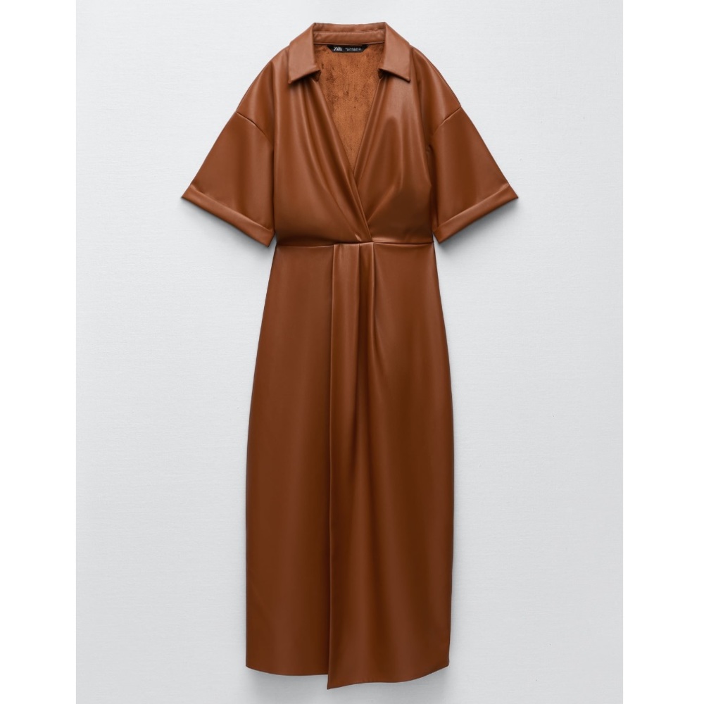 Zara Brown Faux Leather Faux Wrap Shirt Dress - Picture 14 of 16